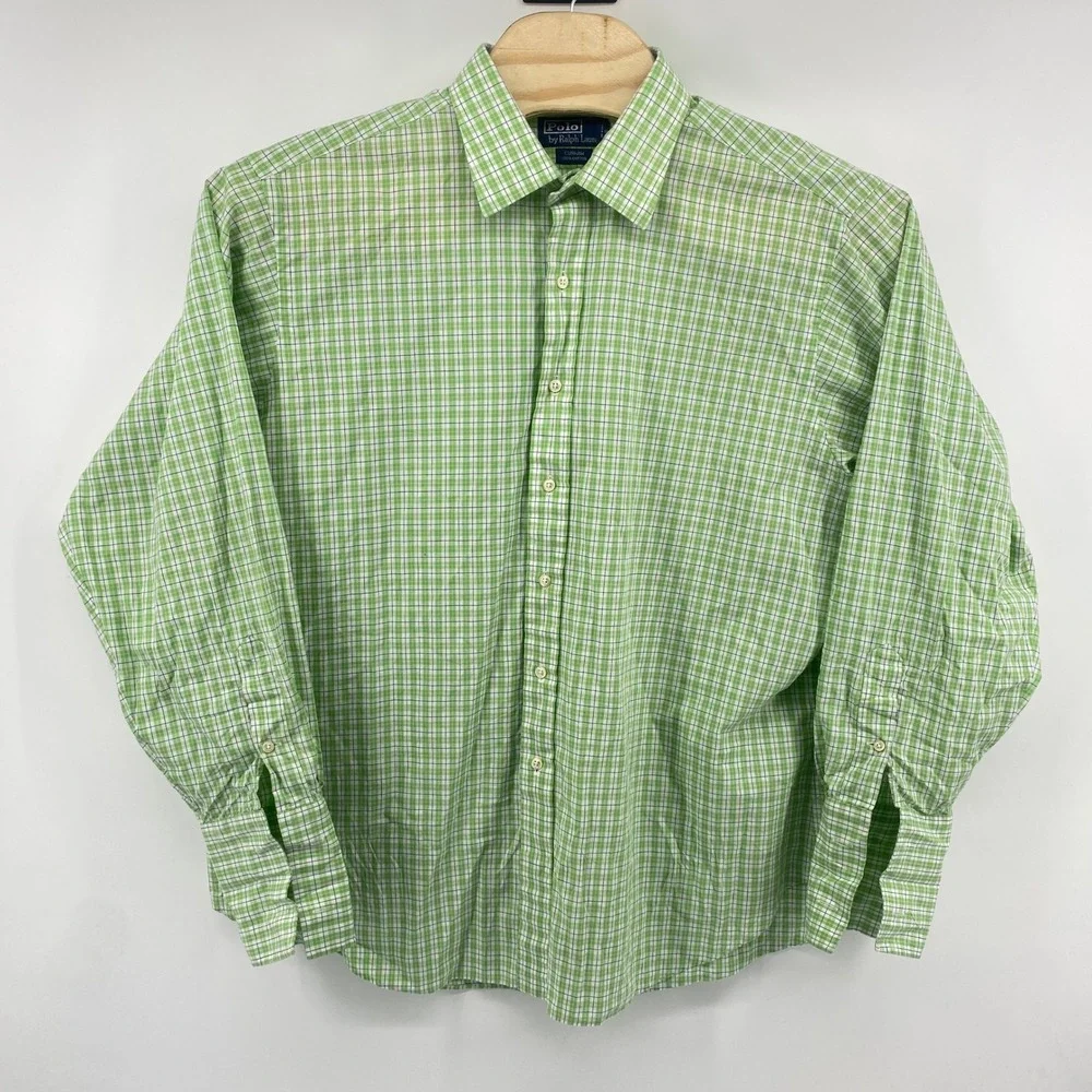 Polo‎ Ralph Lauren Button Down Mens 18-35 Green Plaid Curham Cotton Dress Shirt